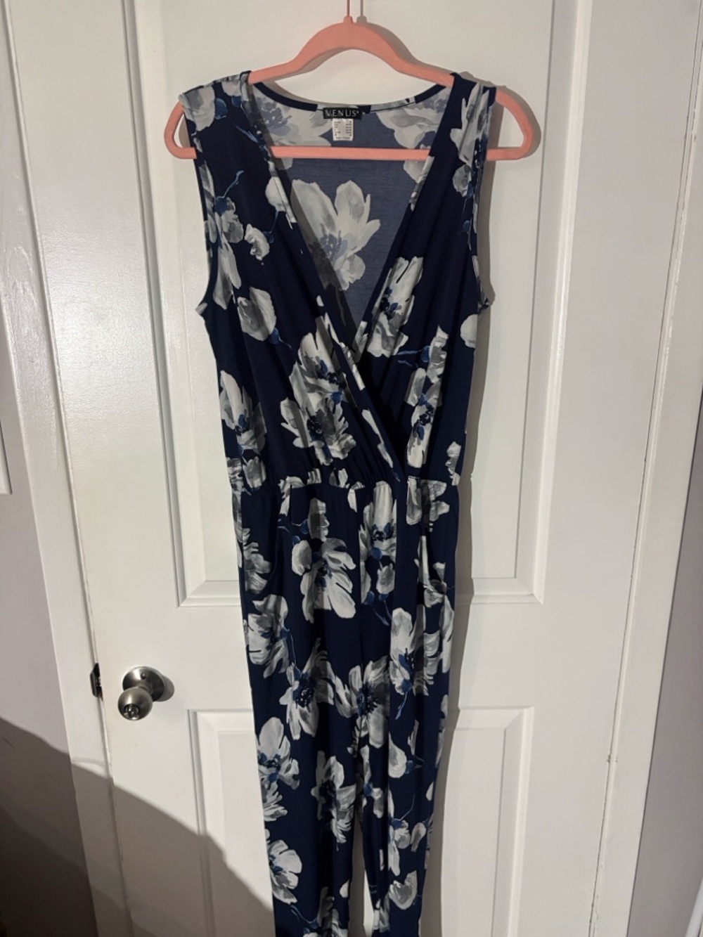 VENUS Navy and White Floral Sleeveless Wrap Jumpsuit